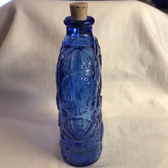 Cobalt Blue Bottle with Sea Shell Design by Libbey Made in Canada - Picture 2 of 10